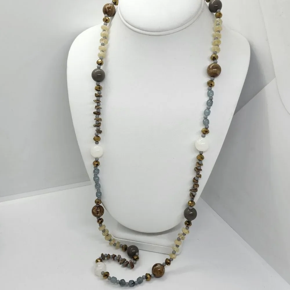 Acrylic Bead Necklace Blue Brown Gray Gold